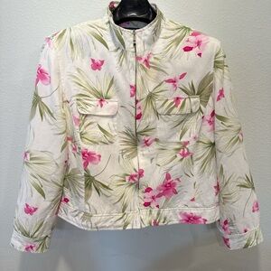 Evan-Picone Linen Blend Tropical Zip Front Jacket Pink Orchid Print Size 16